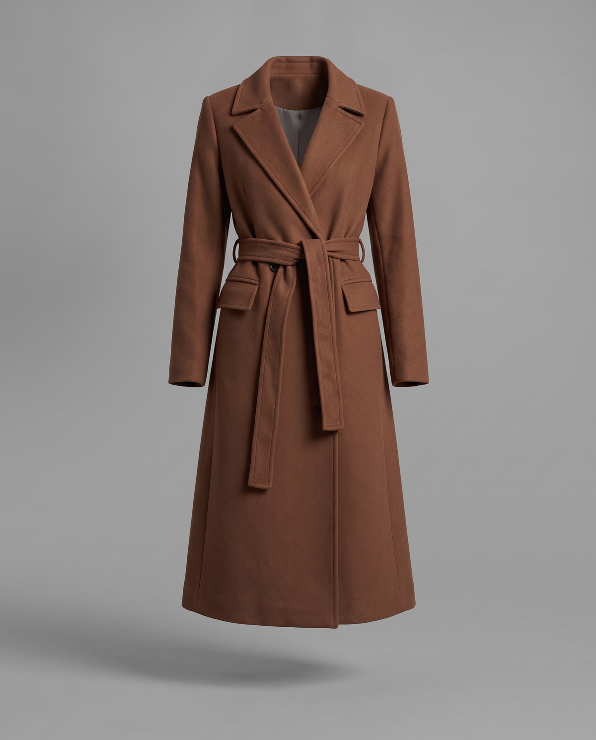 Brown Belted Long Coat With Double Breasted Front, image 5