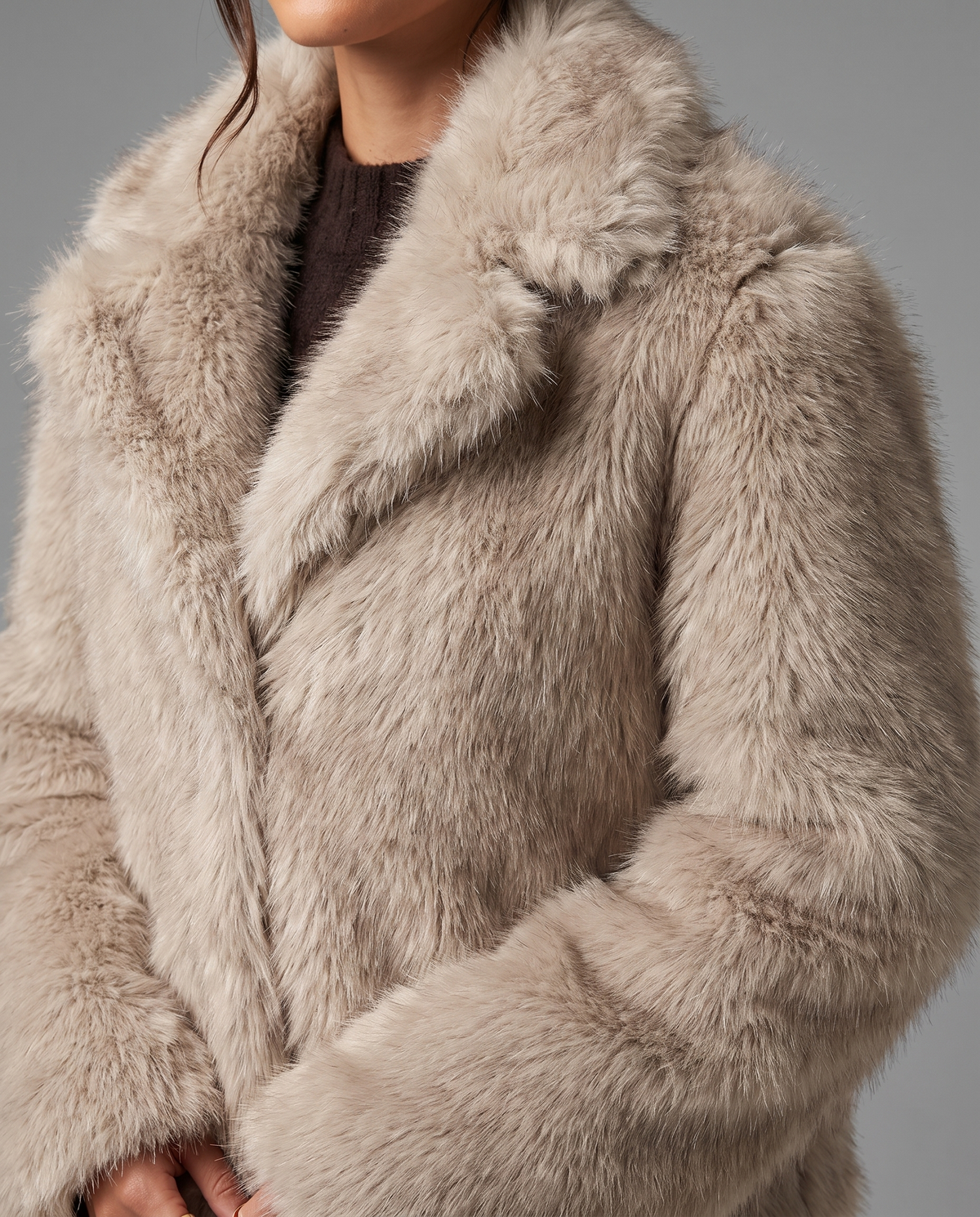 Beige Faux Fur Jacket With Wide Collar, image 4