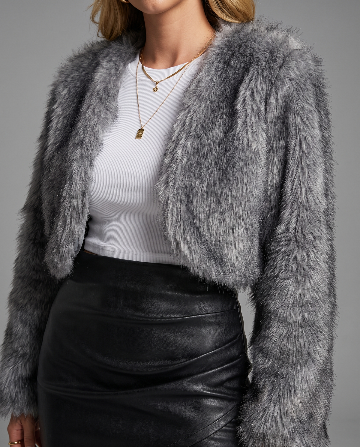 White Cropped Faux Fur Jacket With Open Front, image 10