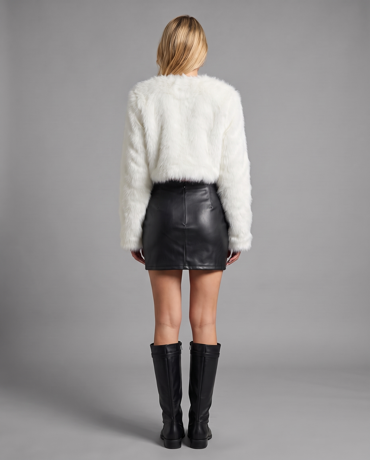 White Cropped Faux Fur Jacket With Open Front, image 4