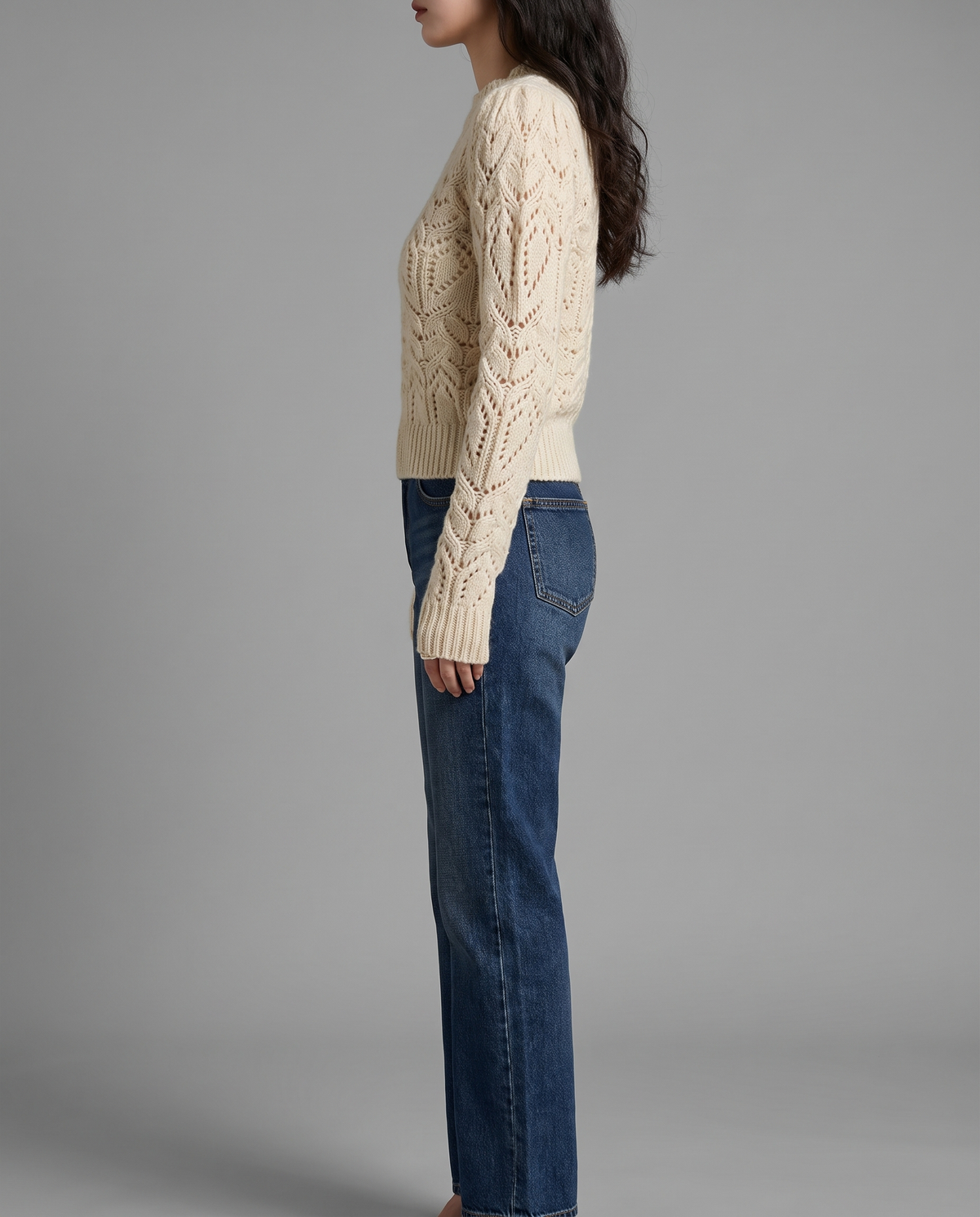 White Pointelle Knit Jumper With Round Neck, image 2