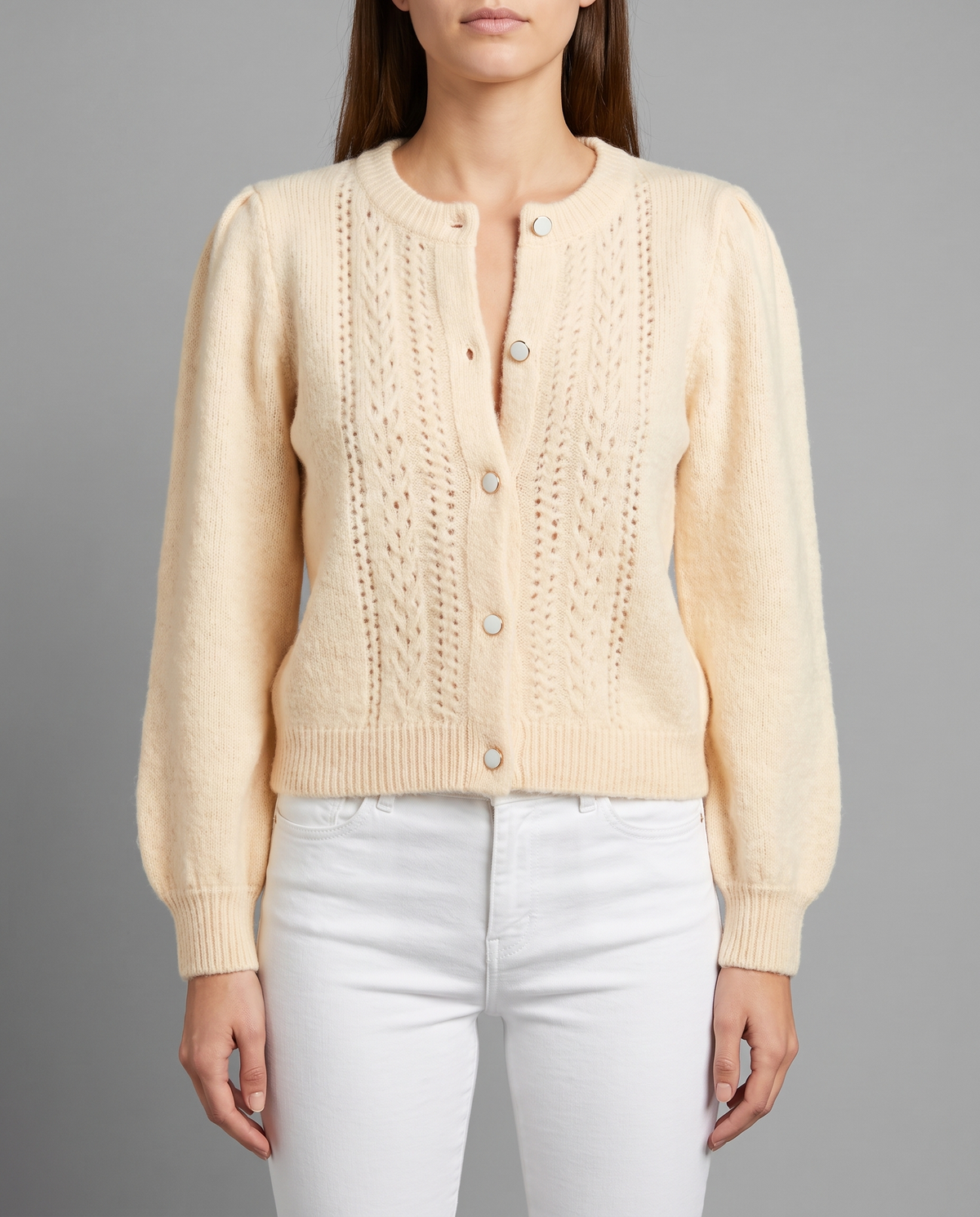 Apricot Pointelle Knit Cardigan With Puff Sleeves, image 1