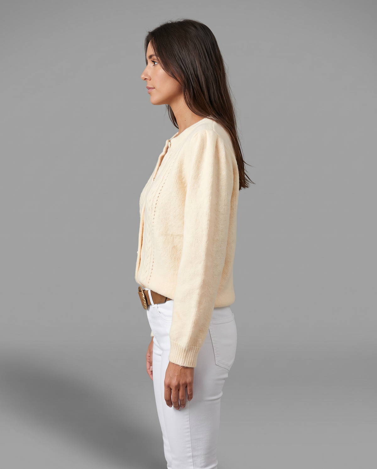 Apricot Pointelle Knit Cardigan With Puff Sleeves, image 2