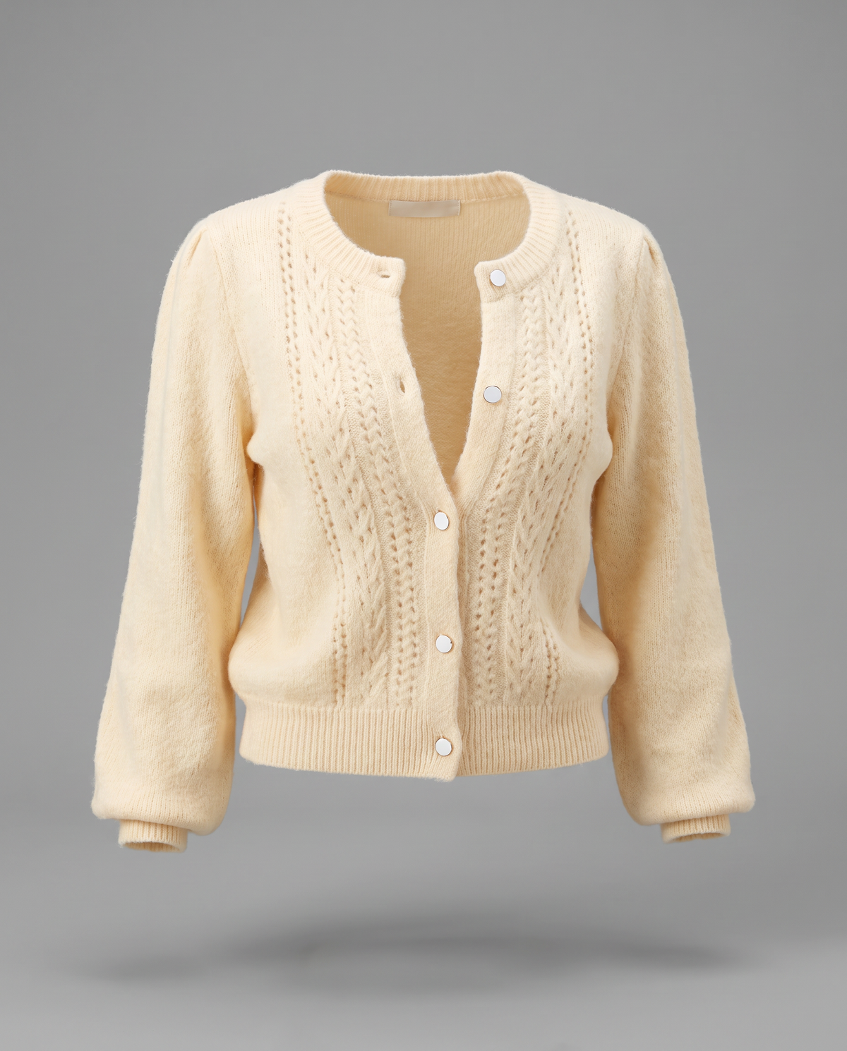Apricot Pointelle Knit Cardigan With Puff Sleeves, image 5