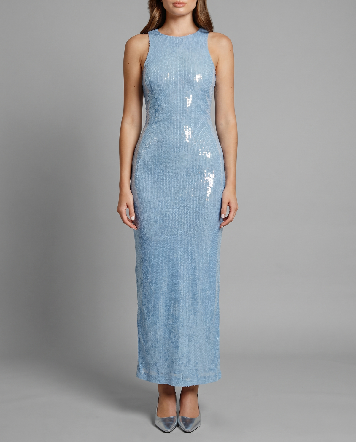 Baby Blue Sequin Maxi Dress With High Neck, front view
