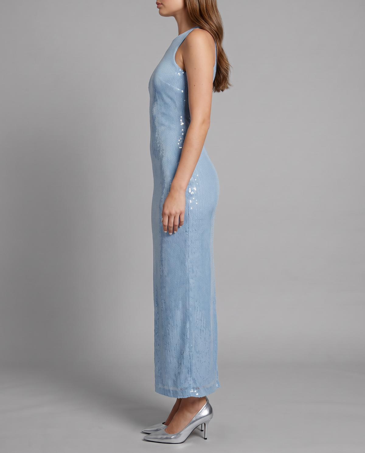 Baby Blue Sequin Maxi Dress With High Neck, side view