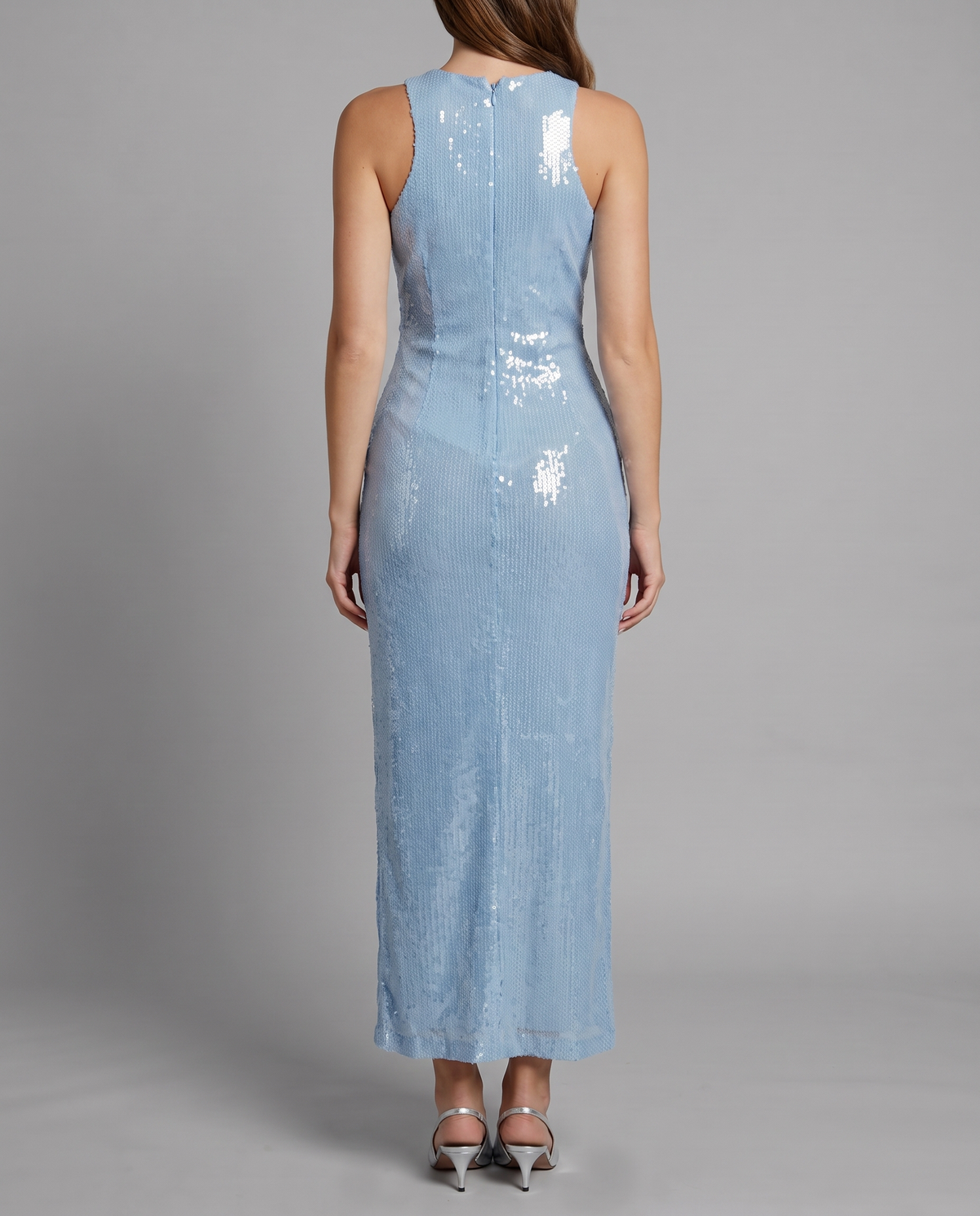 Baby Blue Sequin Maxi Dress With High Neck, back view