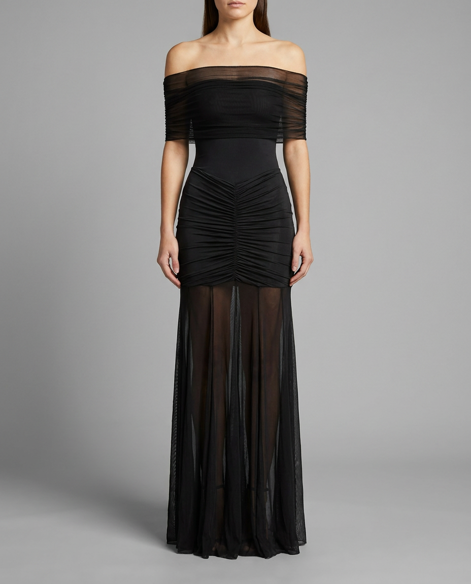 Black Off Shoulder Ruched Mesh Maxi Dress With Sheer Skirt, image 1