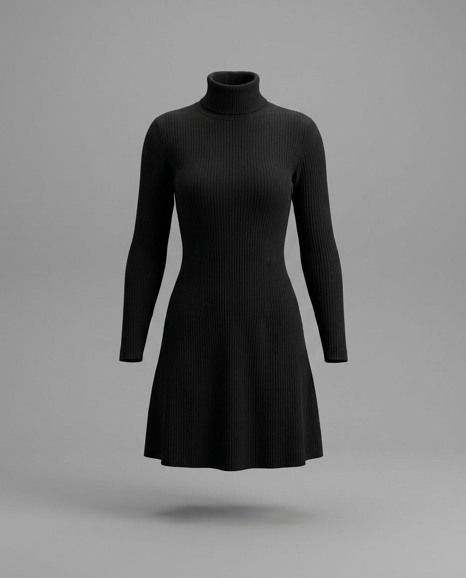 Black Ribbed Roll Neck Knitted Mini Dress With Long Sleeves, image 5
