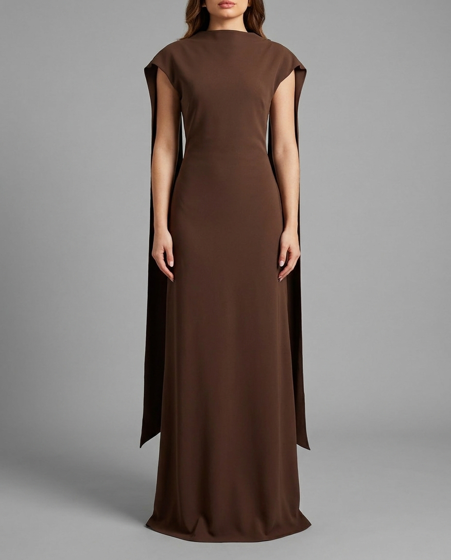 Chocolate Brown Cape Back Maxi Dress With Boat Neck, image 1