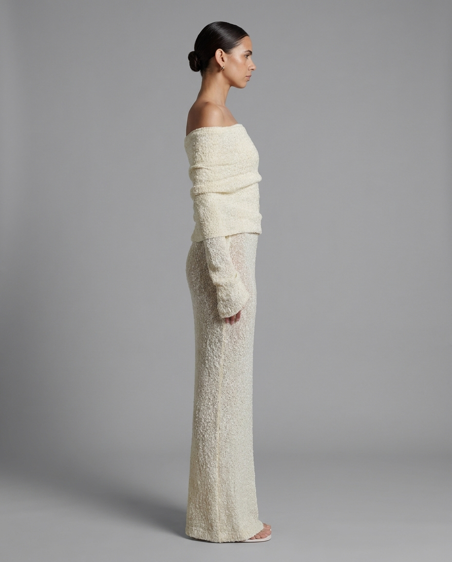 Cream Off Shoulder Boucle Knit Maxi Dress With Long Sleeves, image 2