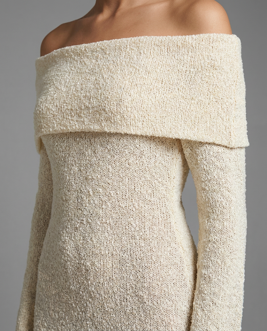 Cream Off Shoulder Boucle Knit Maxi Dress With Long Sleeves, image 4