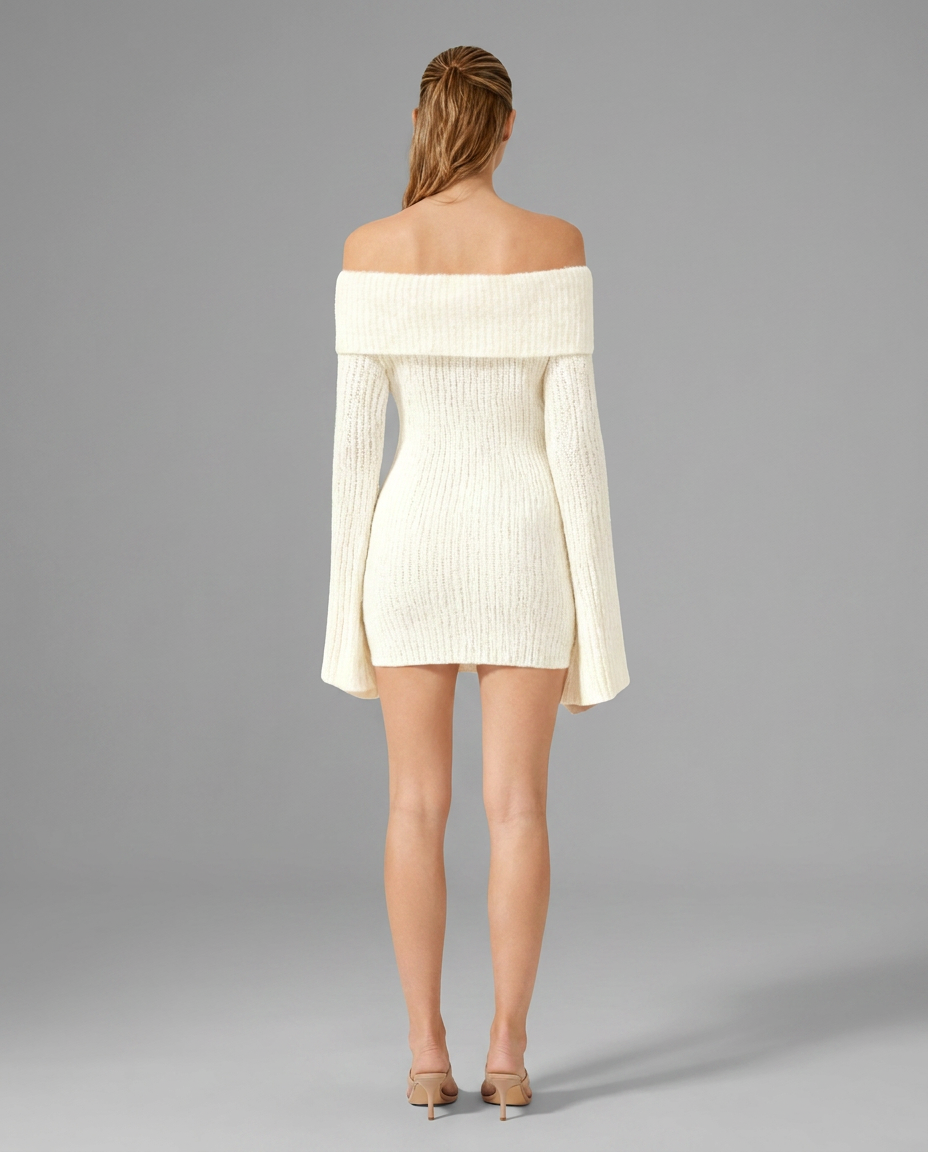 Cream Off Shoulder Knitted Mini Dress With Flared Sleeves, image 3