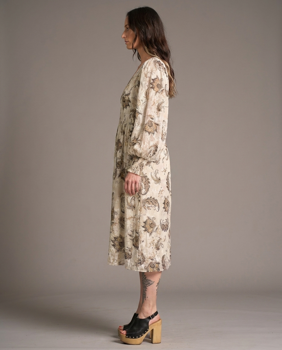 Cream Paisley Cold Shoulder Midi Dress With V Neck, image 2