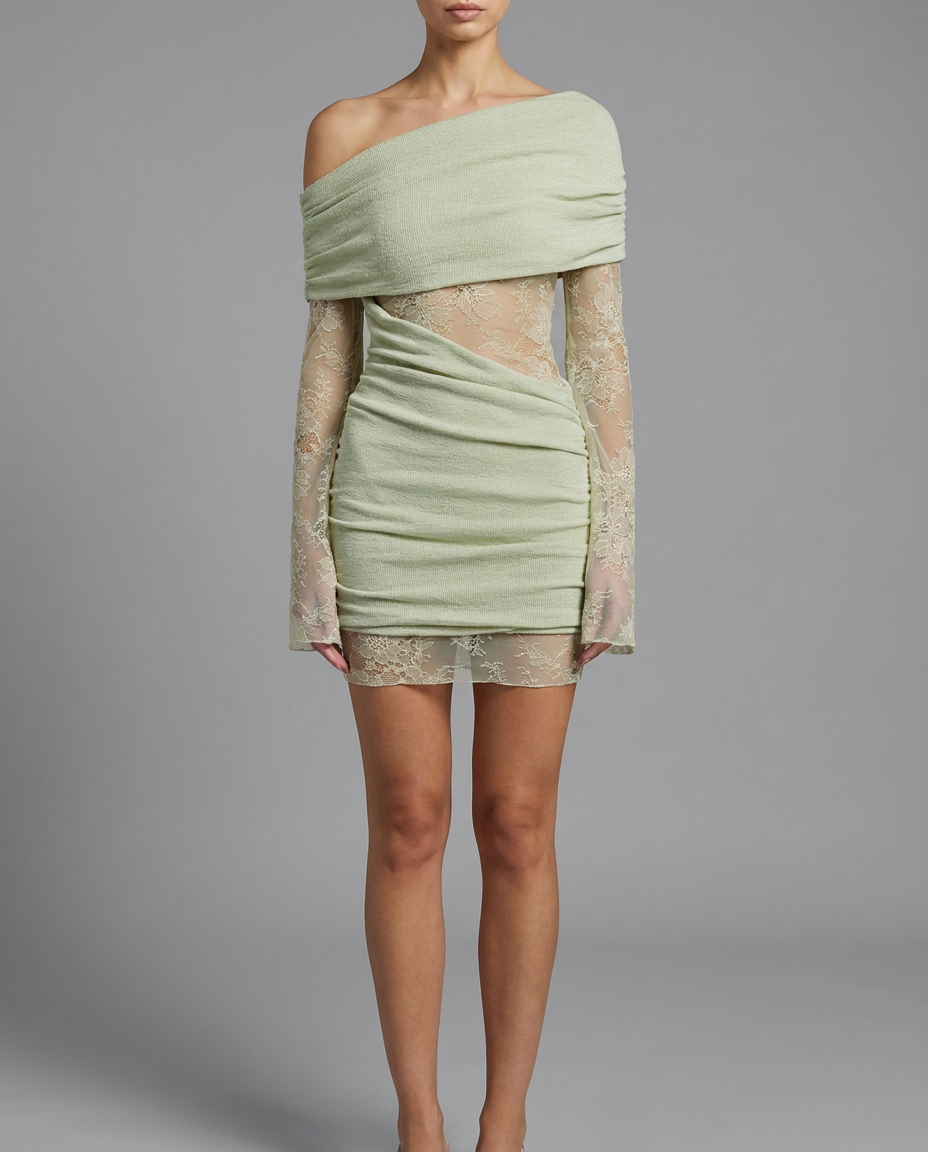 Pastel Green Lace Off Shoulder Mini Dress With Ruched Body, image 1