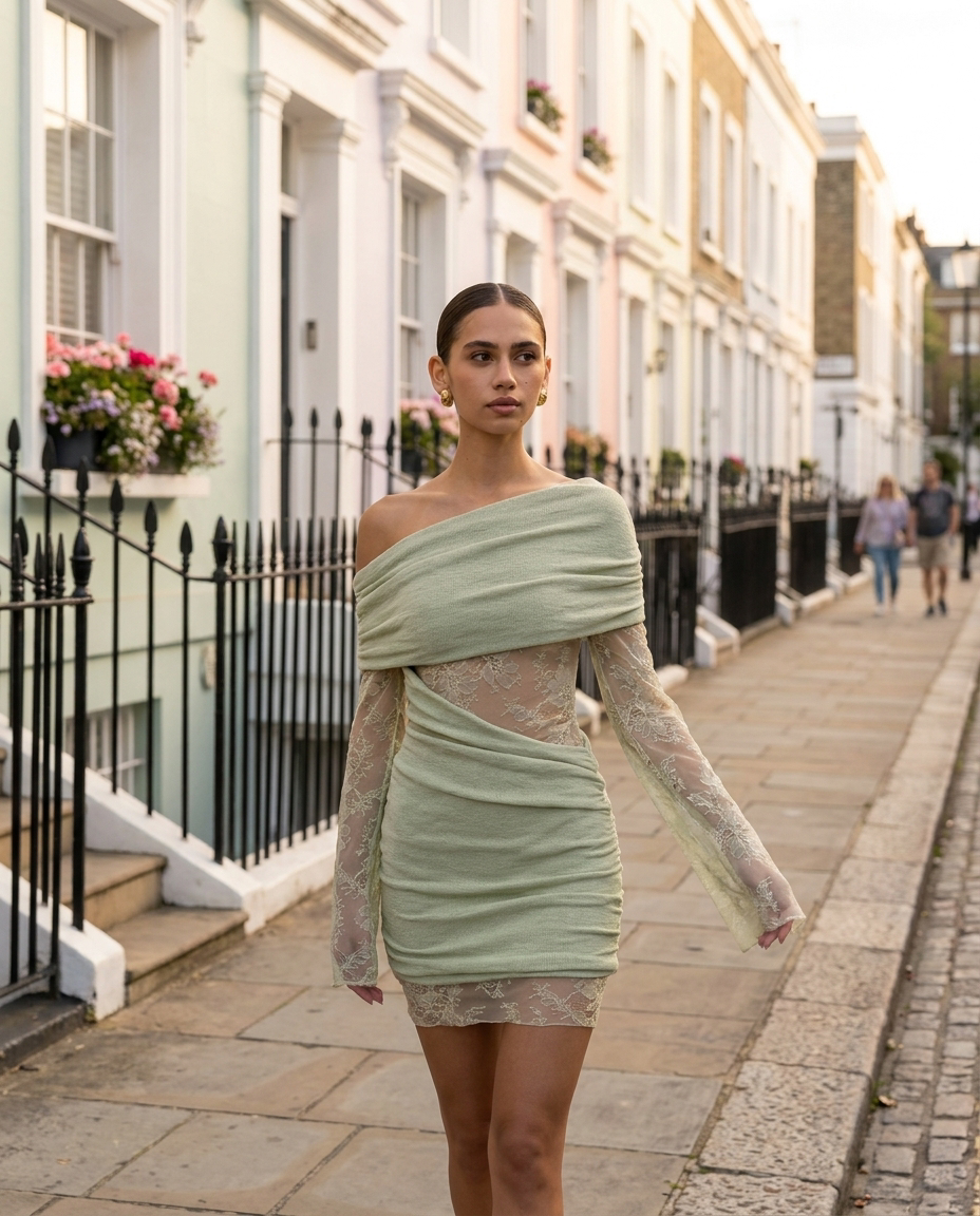 Pastel Green Lace Off Shoulder Mini Dress With Ruched Body, image 6
