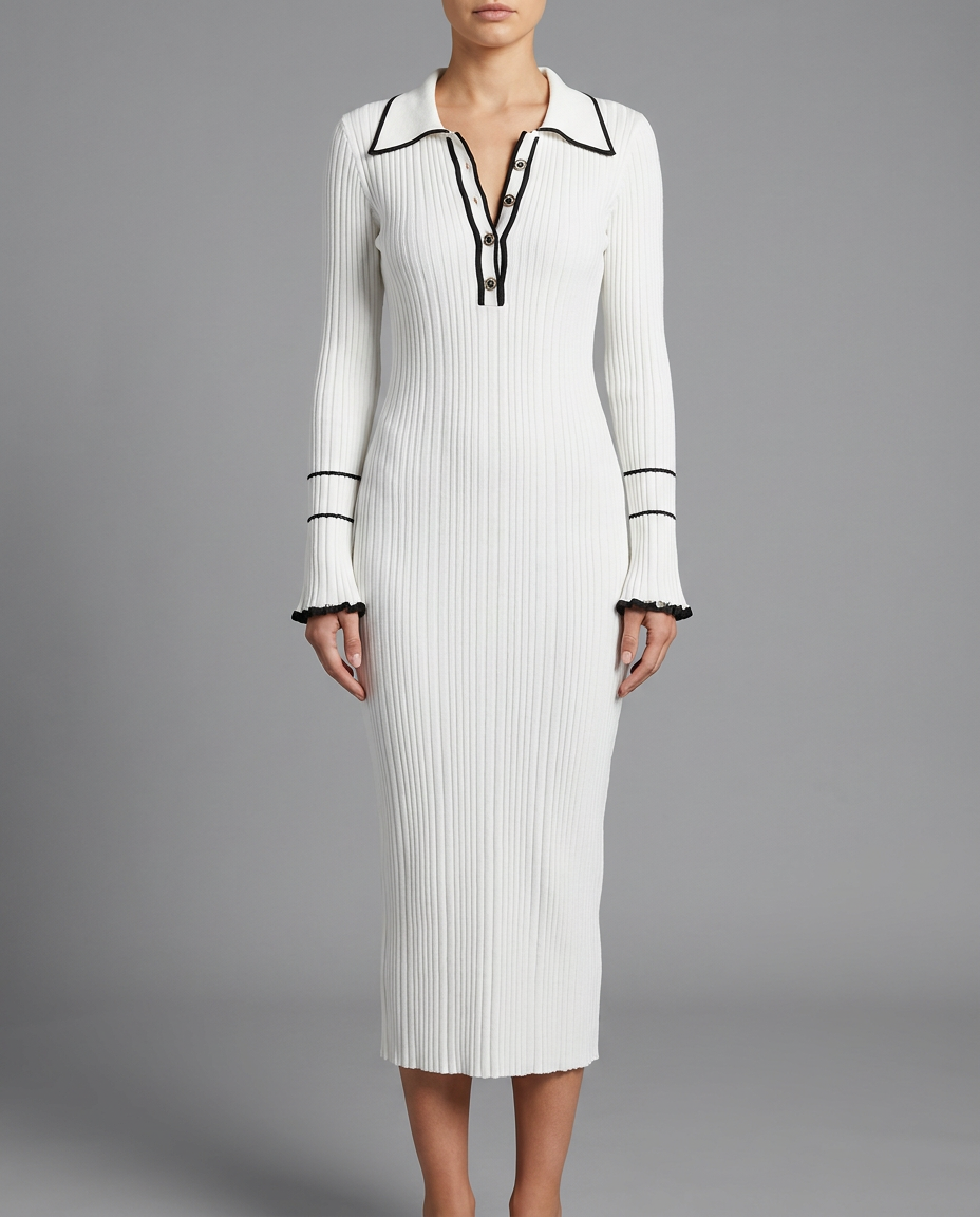 Black Ribbed Polo Knit Midi Dress With Contrast Tipping, image 6