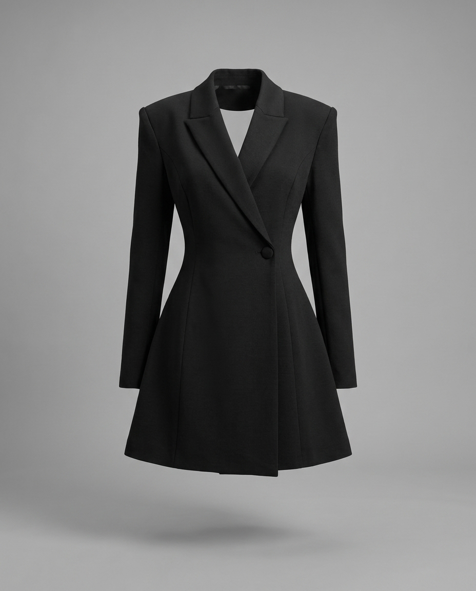 Beige Peak Lapel Blazer Mini Dress With Flared Skirt, image 11