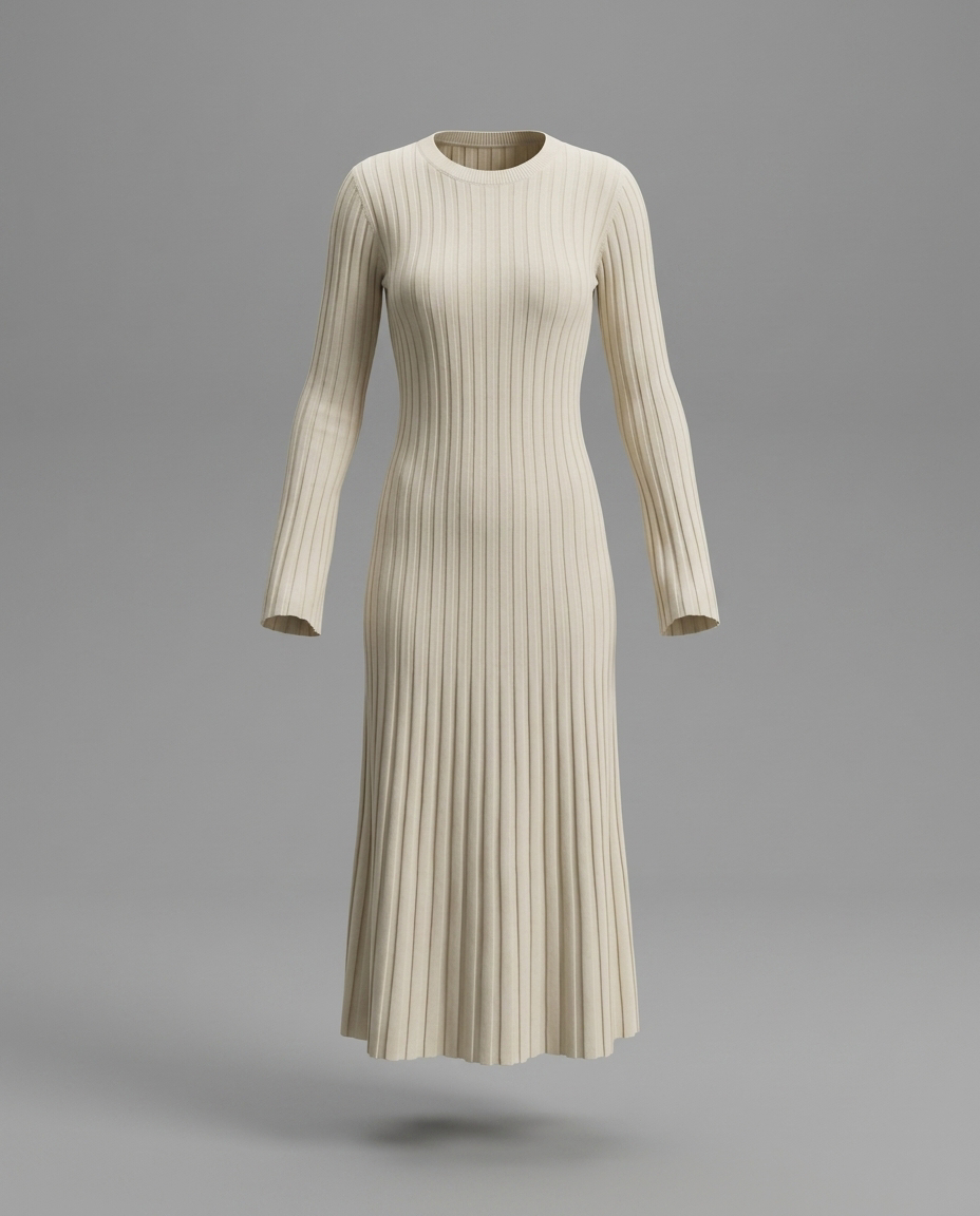 Beige Ribbed Knit Maxi Jumper Dress With Long Sleeves, image 5
