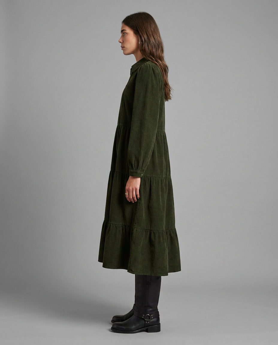 Khaki Tiered Corduroy Midi Dress