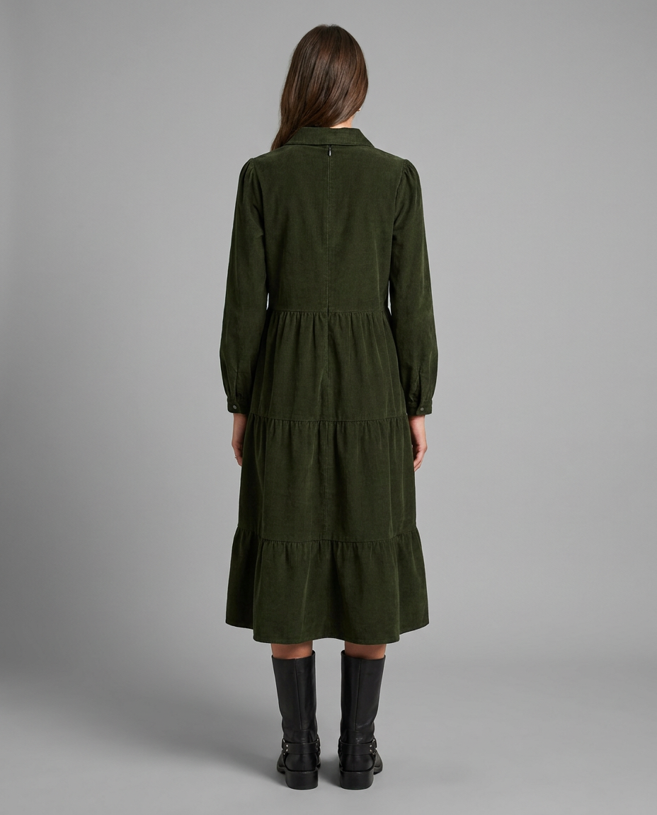 Khaki Tiered Corduroy Midi Dress