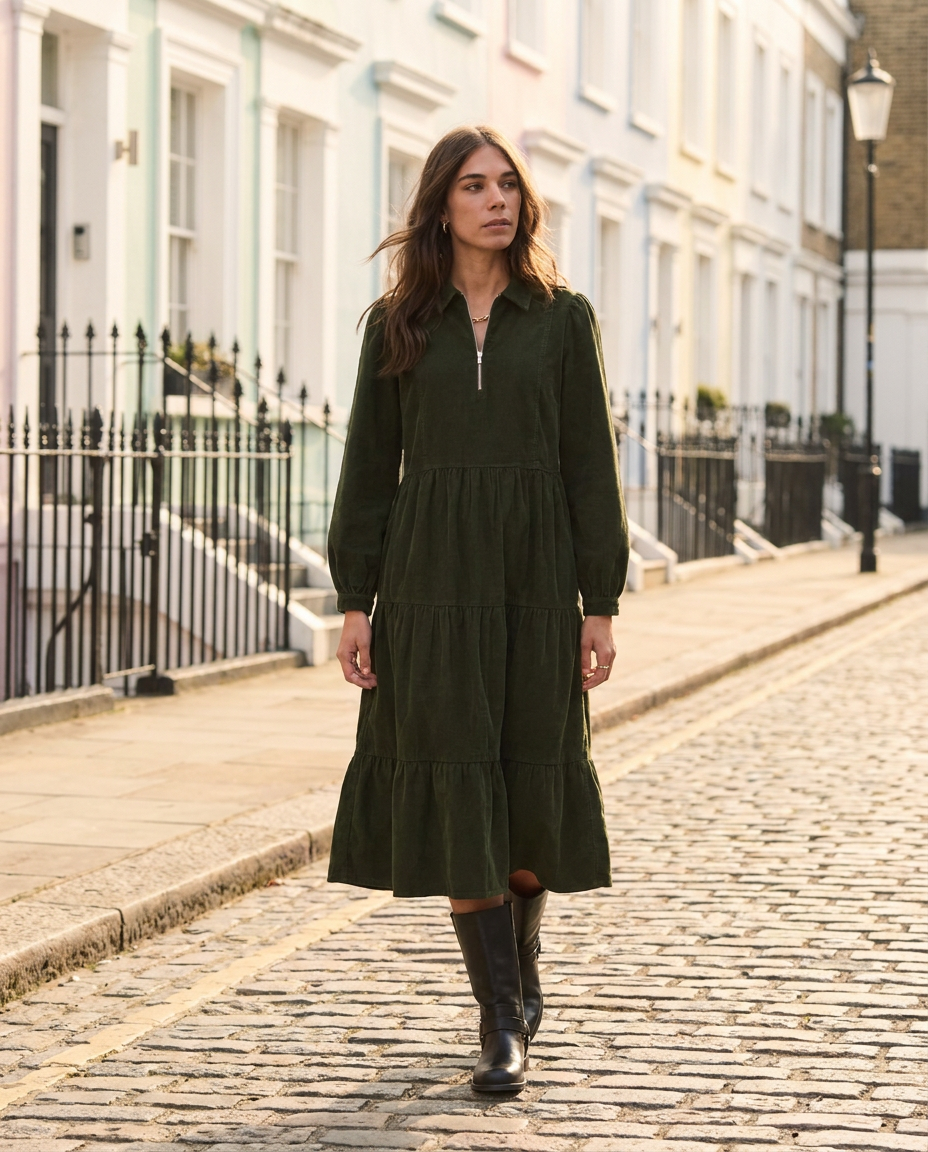 Khaki Tiered Corduroy Midi Dress