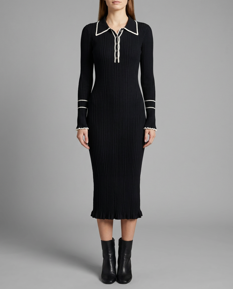 Ribbed Polo Midi Knitted Dress