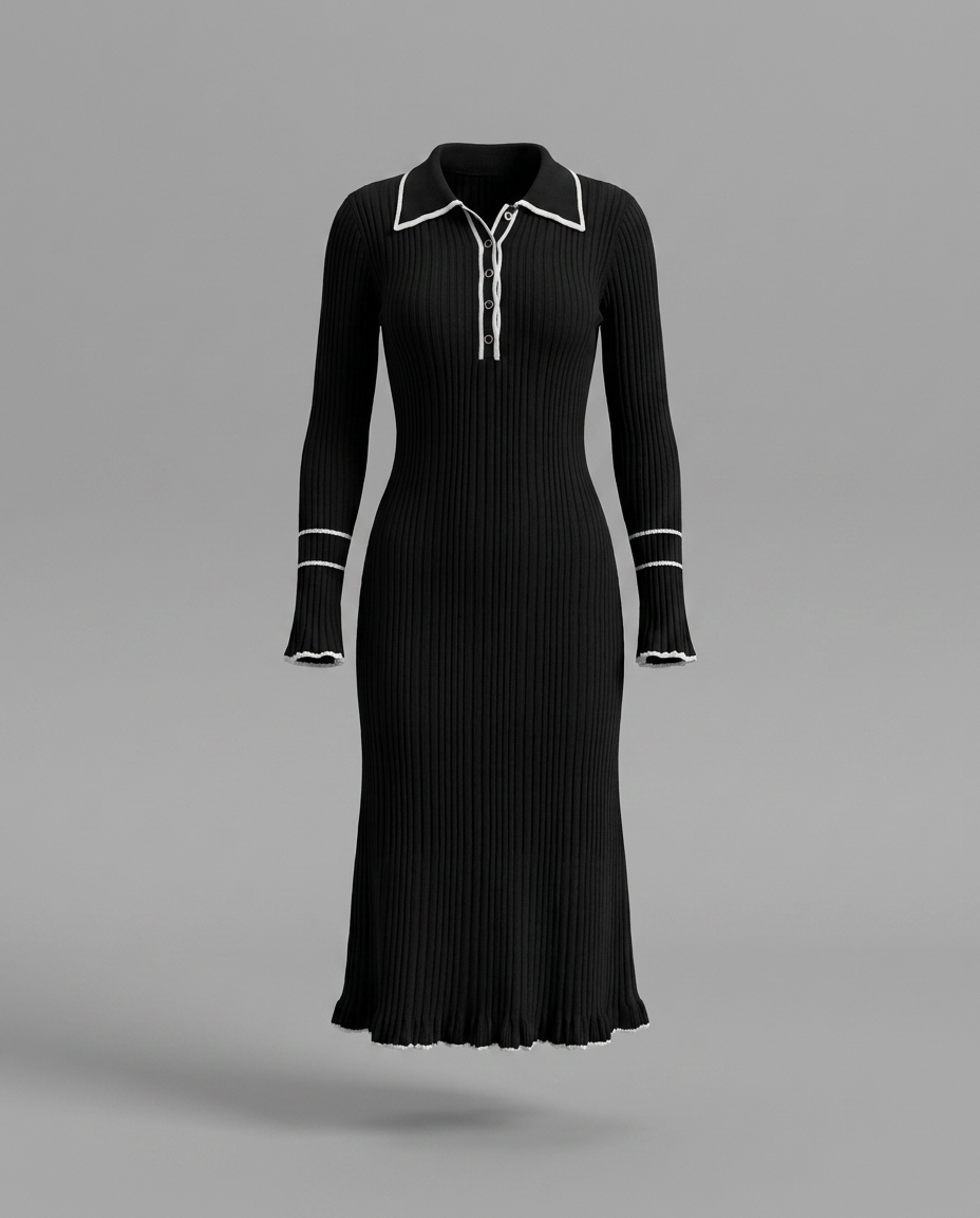 Ribbed Polo Midi Knitted Dress