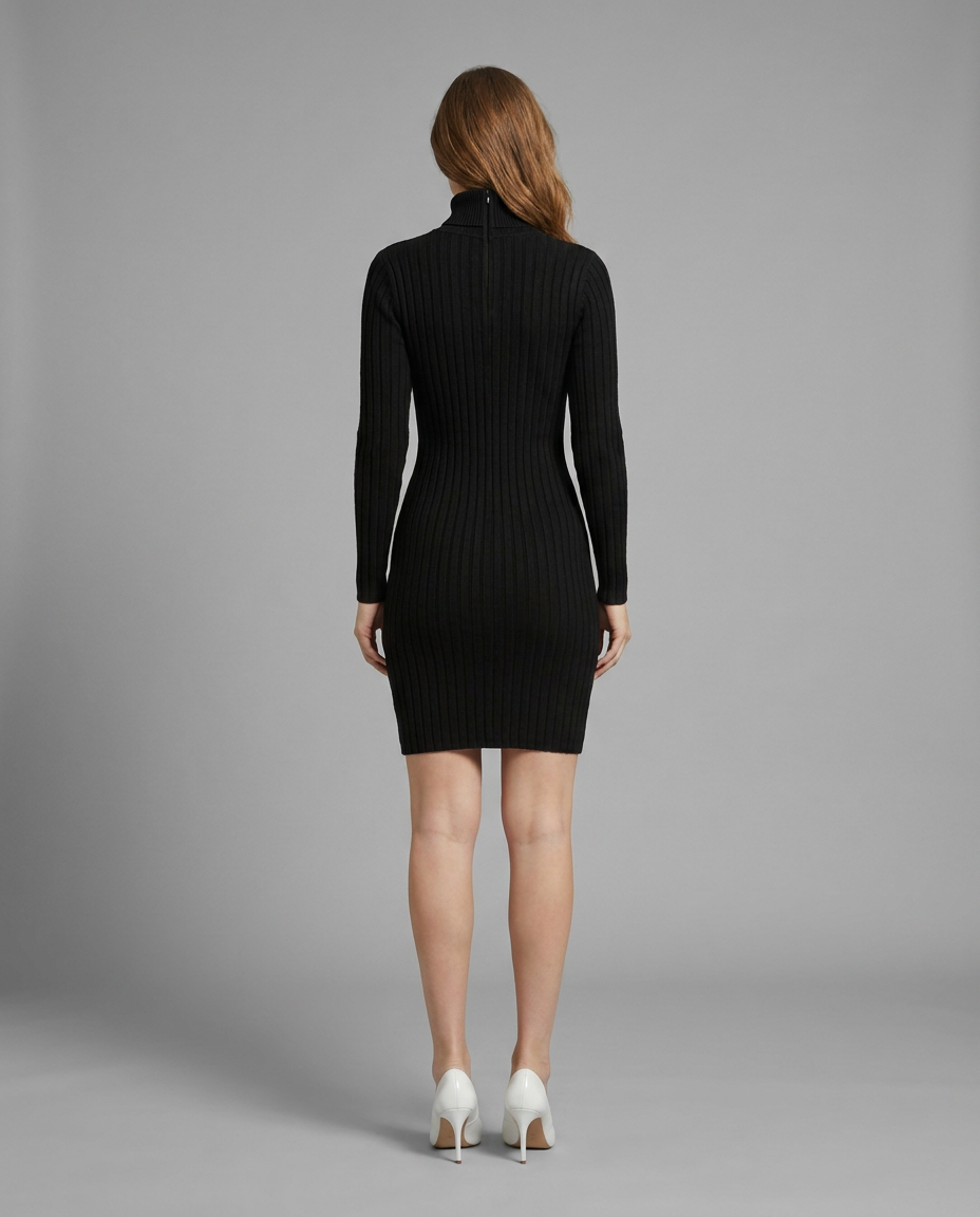 Black Ribbed Roll Neck Mini Knitted Dress