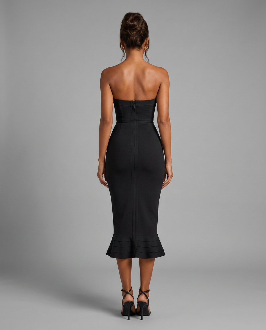 Black Strapless Fishtail Midi Dress