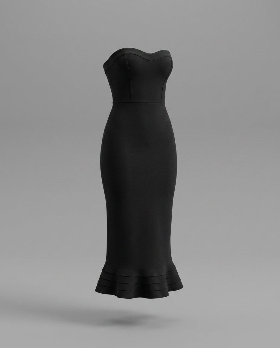 Black Strapless Fishtail Midi Dress
