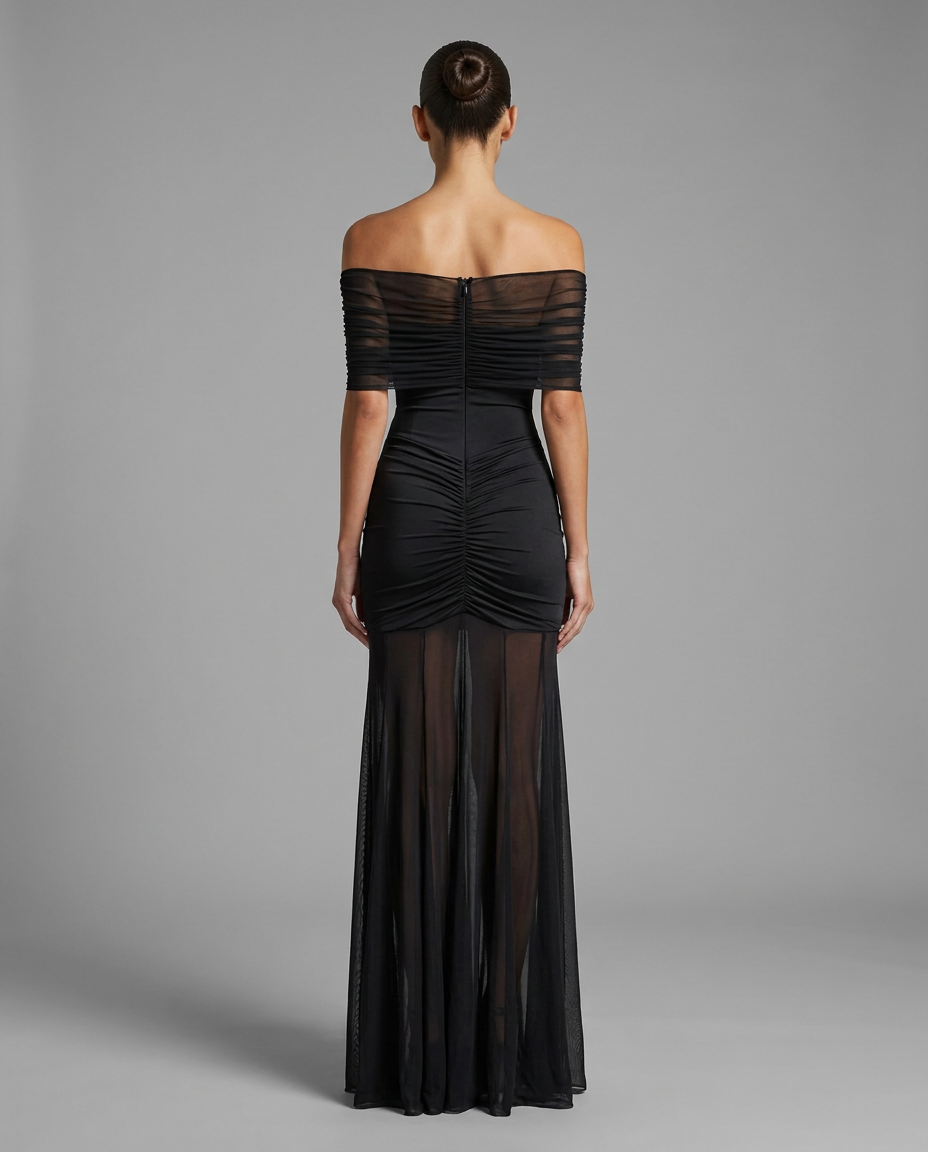 Black Off-Shoulder Mesh Maxi Dress