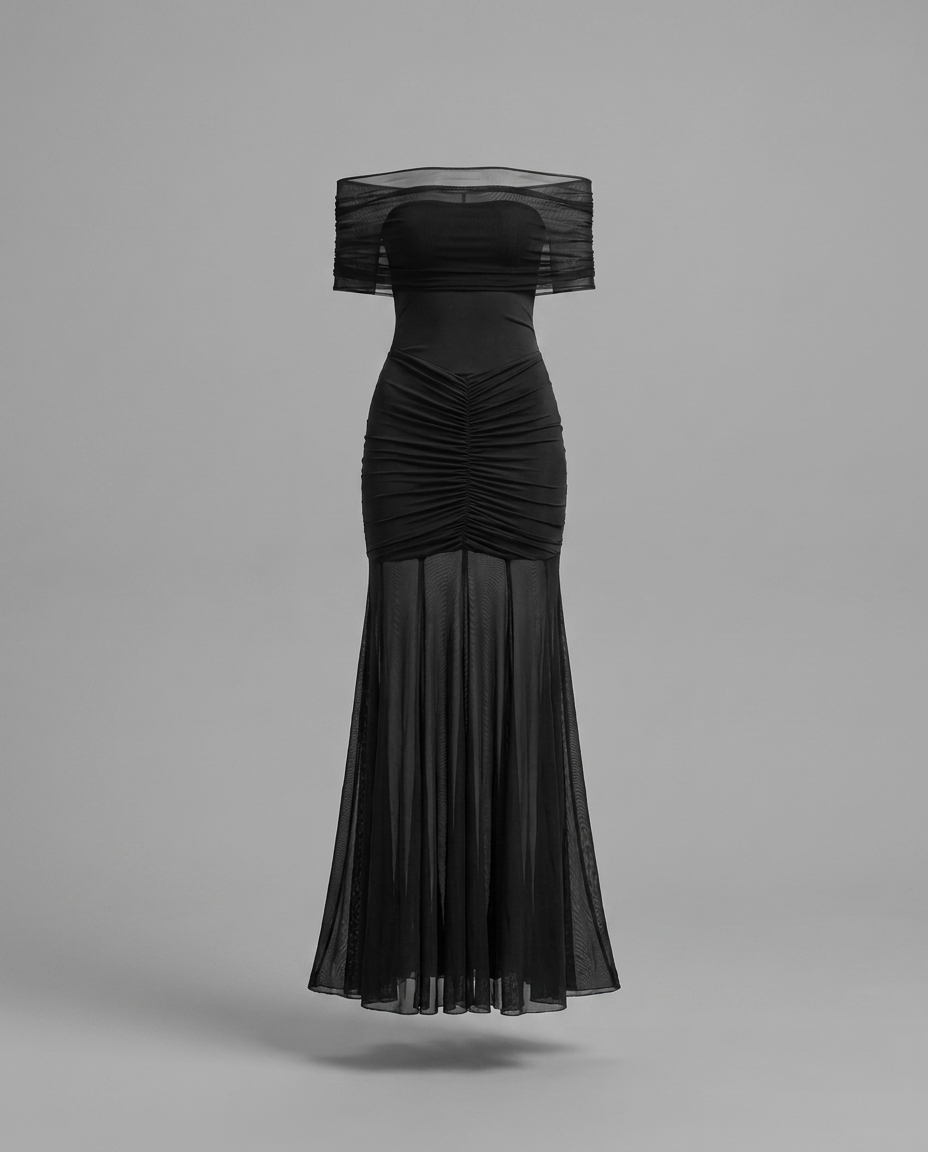 Black Off-Shoulder Mesh Maxi Dress