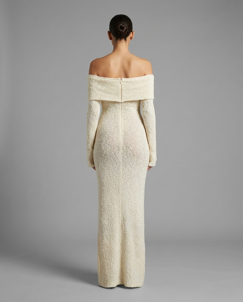 Cream Off-Shoulder Maxi Knitted Dress