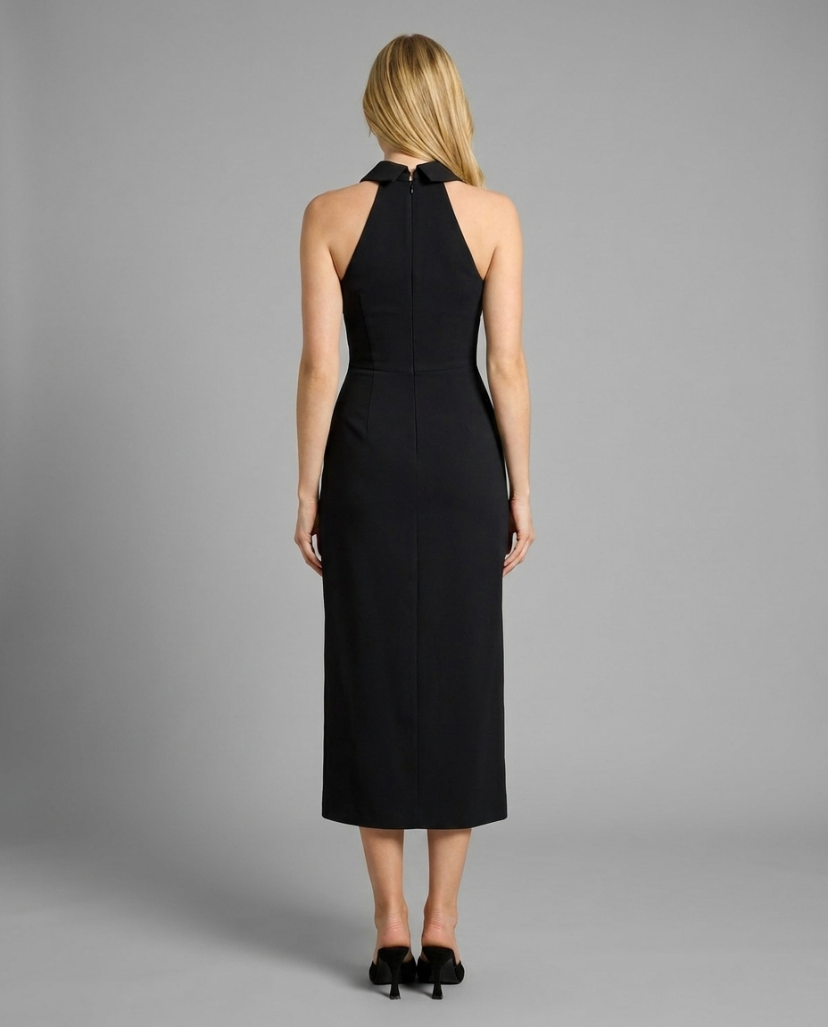 Black Halterneck Collared Midi Dress