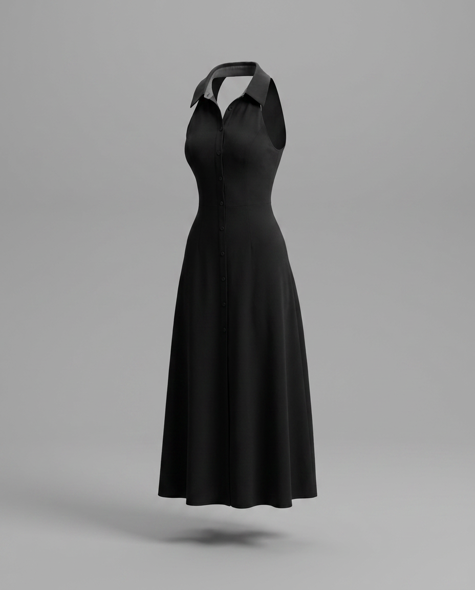 Black Halterneck Collared Midi Dress