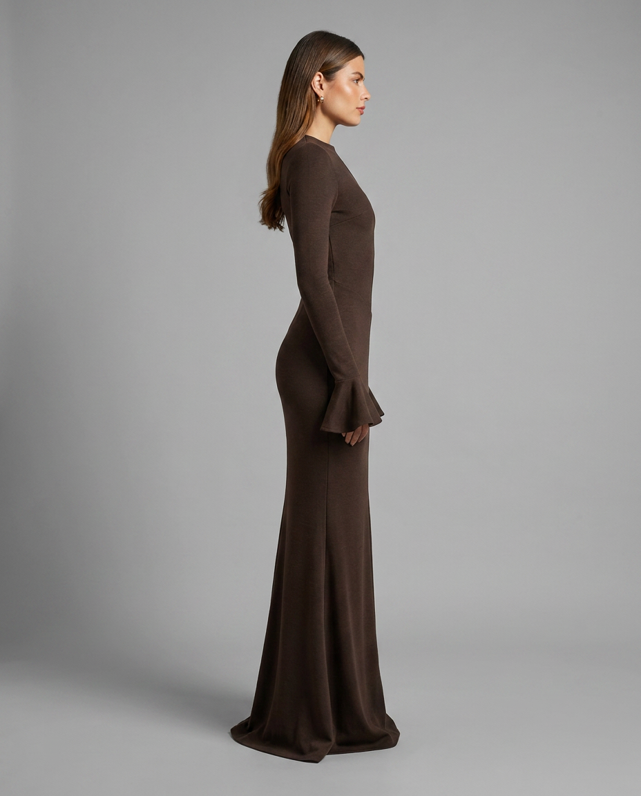 Chocolate Fluted Sleeve Maxi Knitted Dress