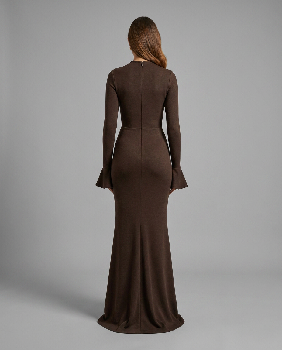 Chocolate Fluted Sleeve Maxi Knitted Dress