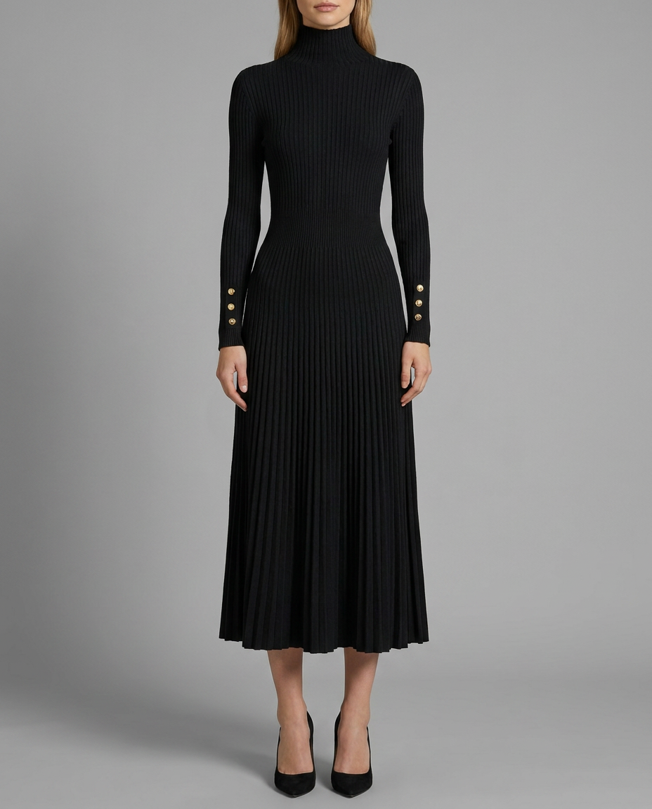 Roll Neck Pleated Midi Jumper Knitted Dress