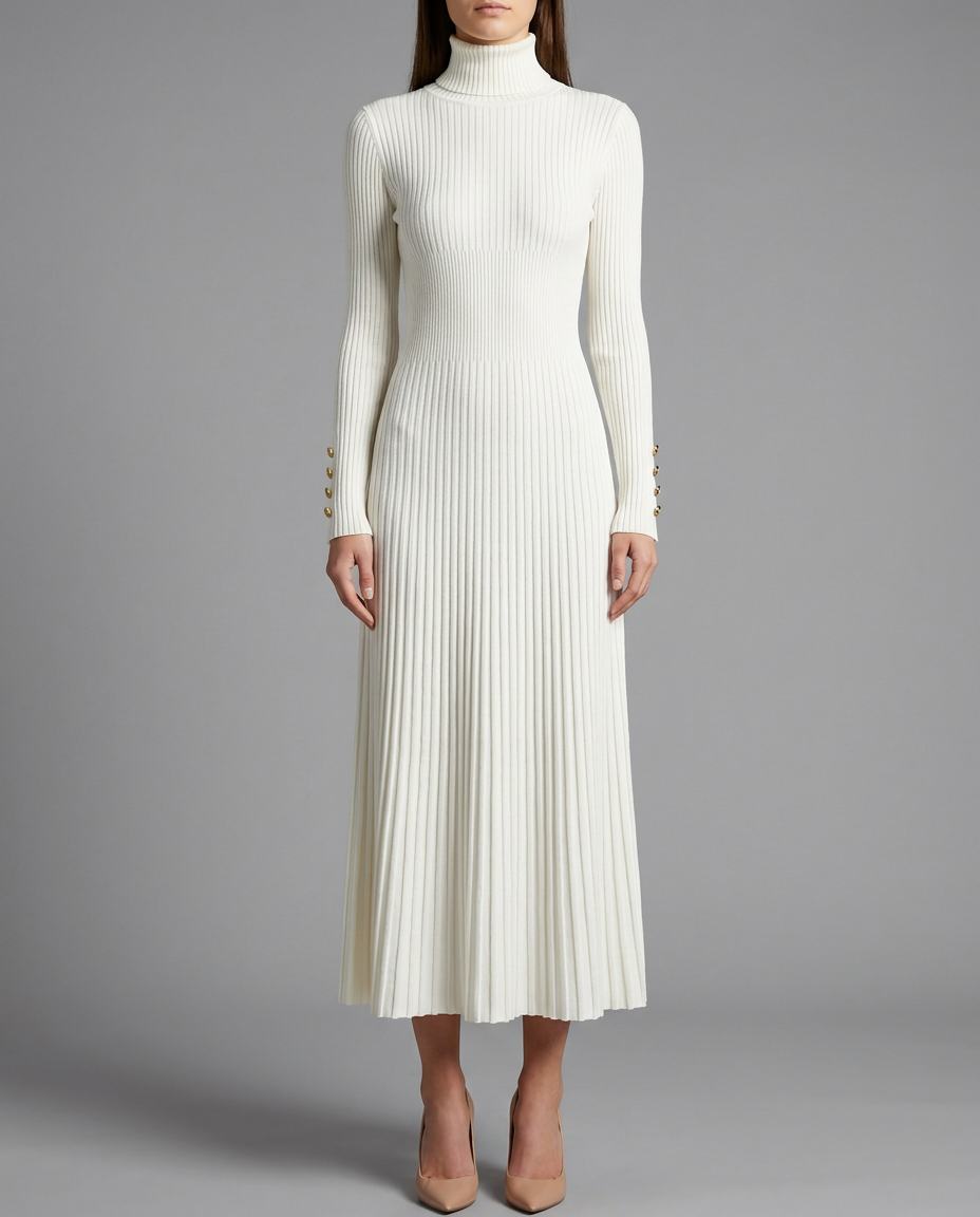 Roll Neck Pleated Midi Jumper Knitted Dress