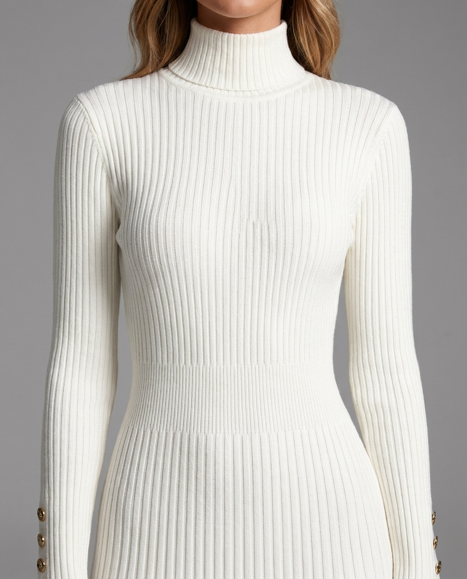 Roll Neck Pleated Midi Jumper Knitted Dress