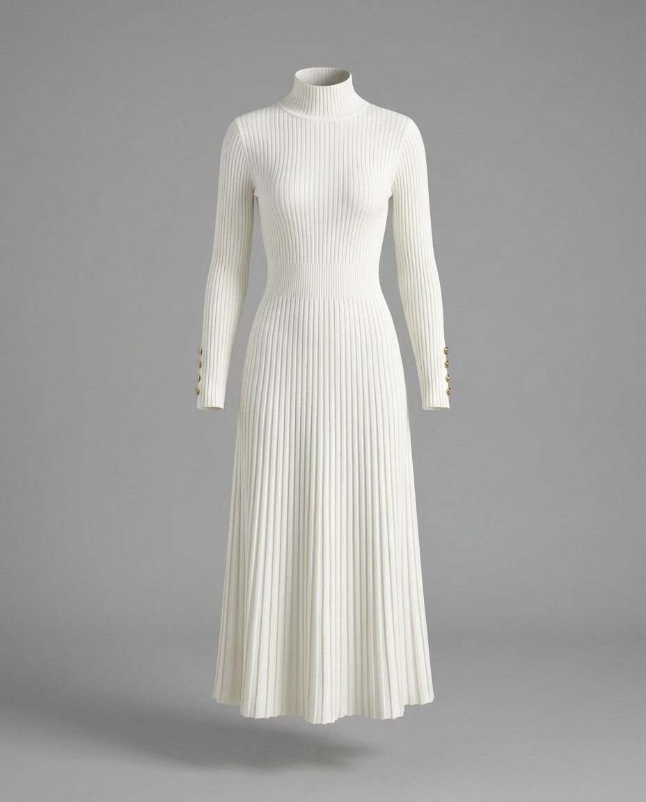 Roll Neck Pleated Midi Jumper Knitted Dress