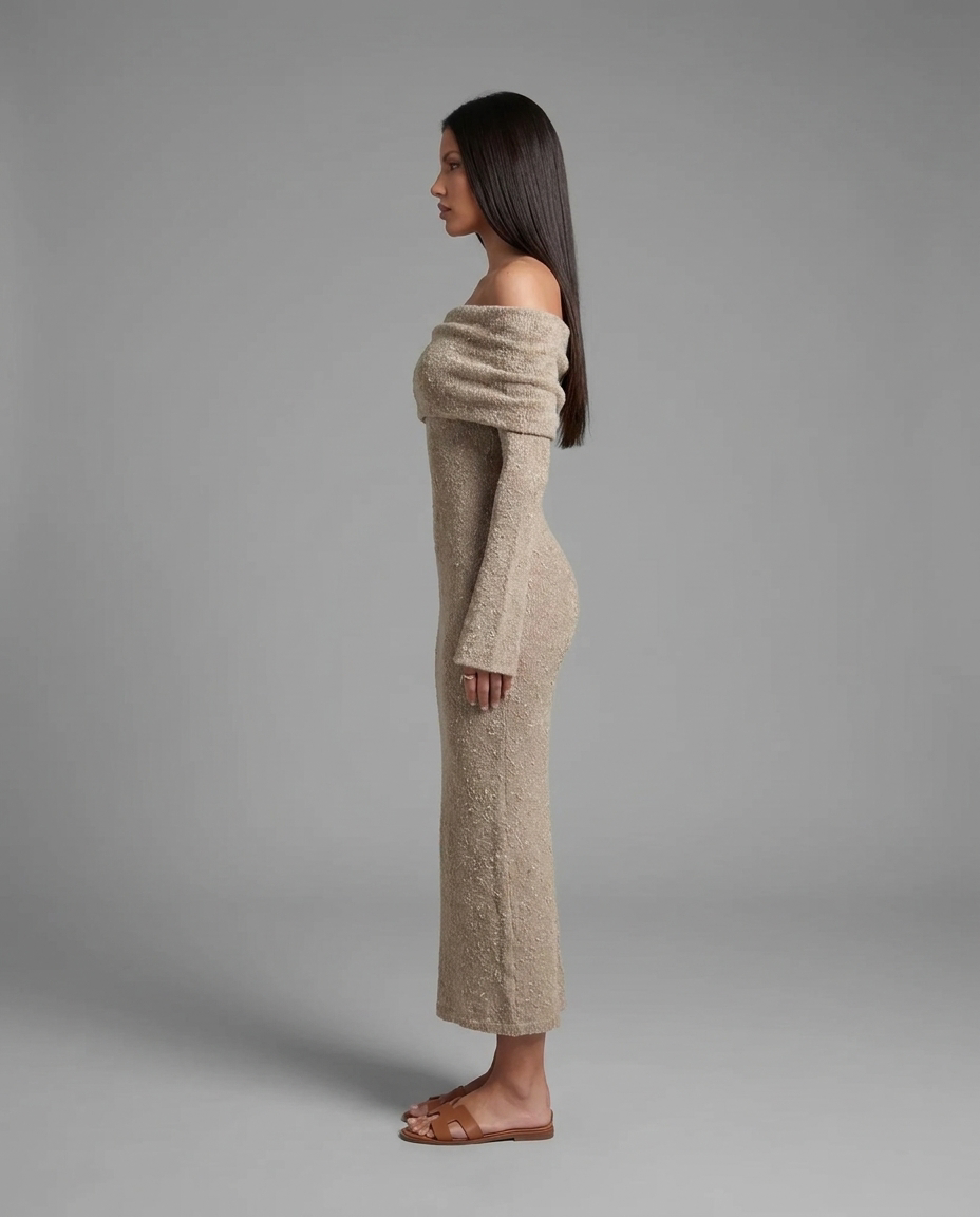 Off-Shoulder Textured Midi Jumper Knitted Dress