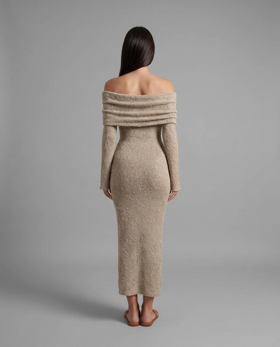 Off-Shoulder Textured Midi Jumper Knitted Dress