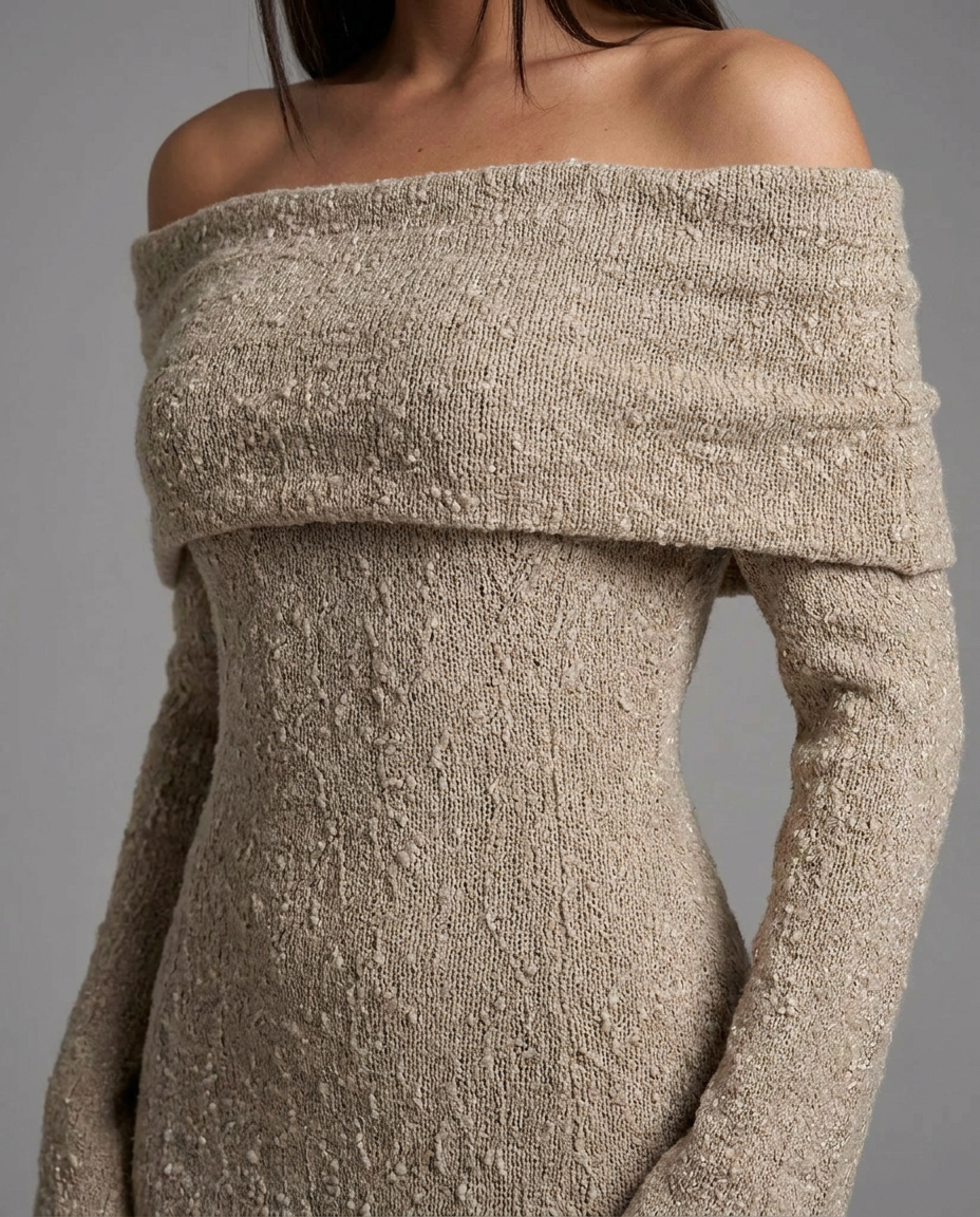 Off-Shoulder Textured Midi Jumper Knitted Dress