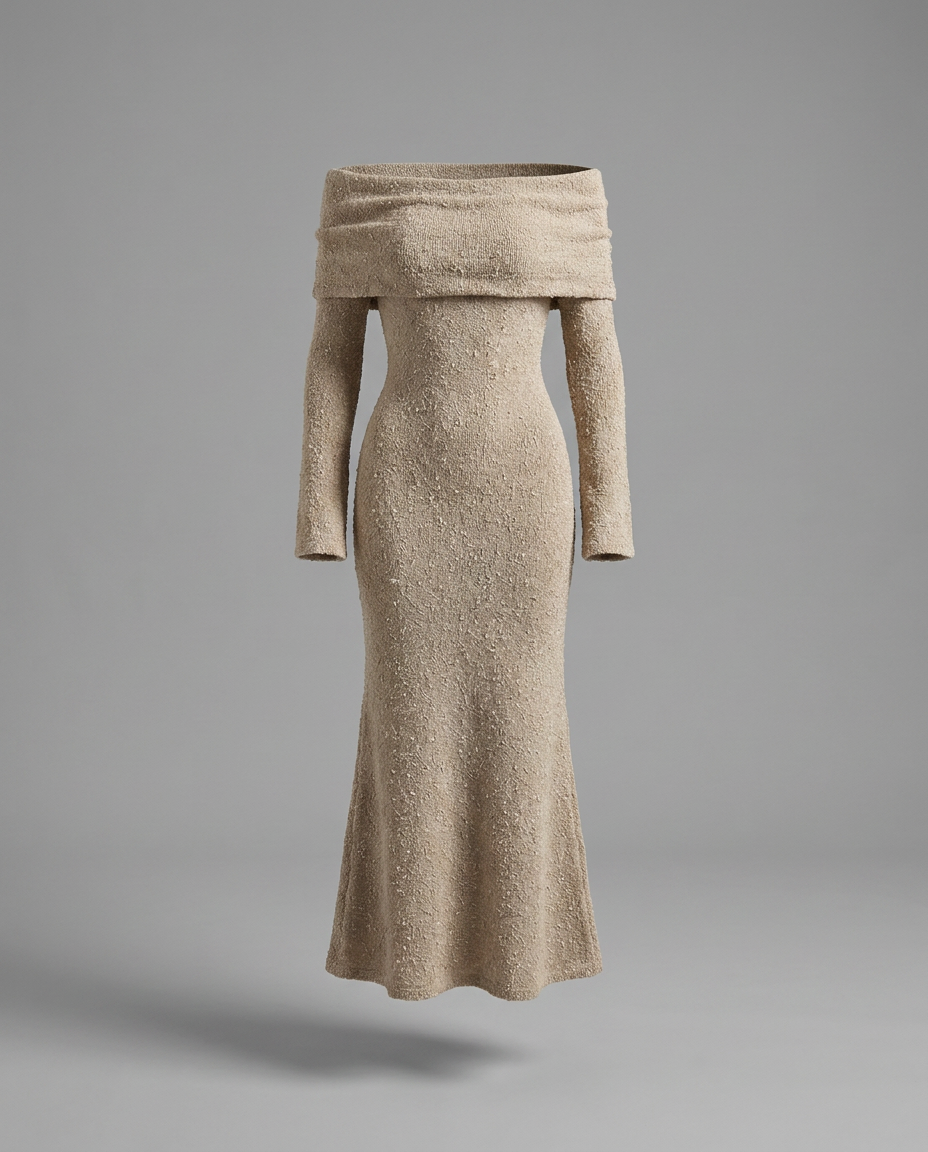 Off-Shoulder Textured Midi Jumper Knitted Dress