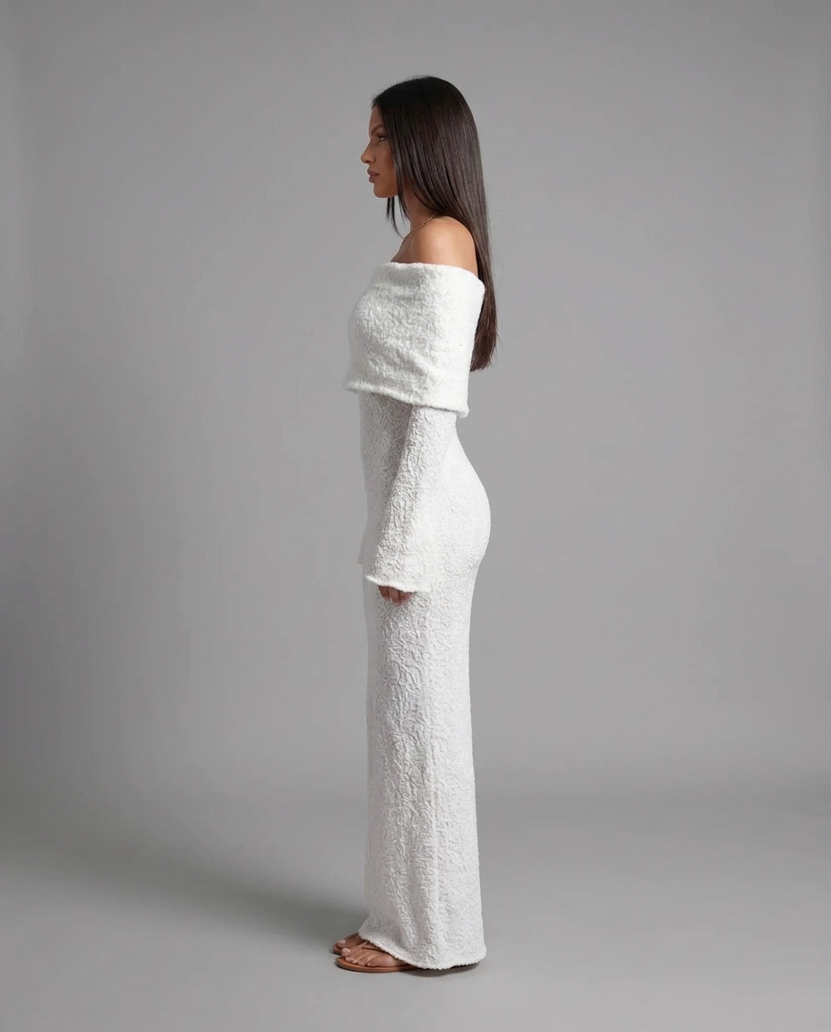 Off-Shoulder Textured Midi Jumper Knitted Dress