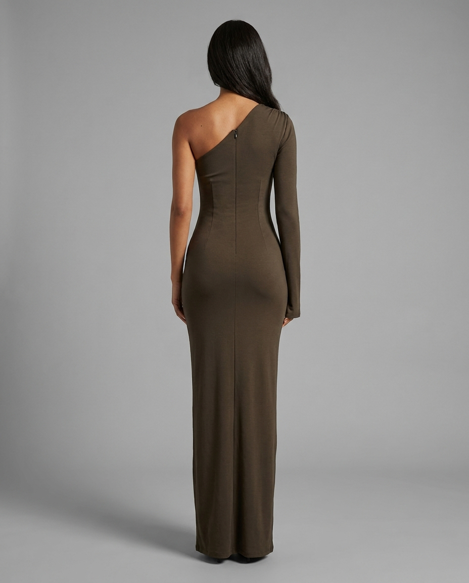 Brown One-Shoulder Bodycon Maxi Dress