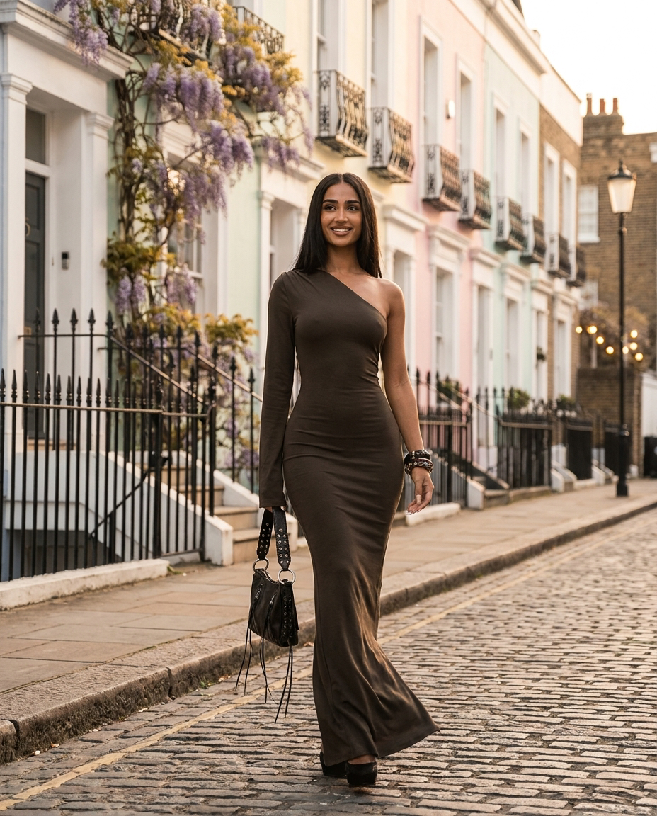 Brown One-Shoulder Bodycon Maxi Dress