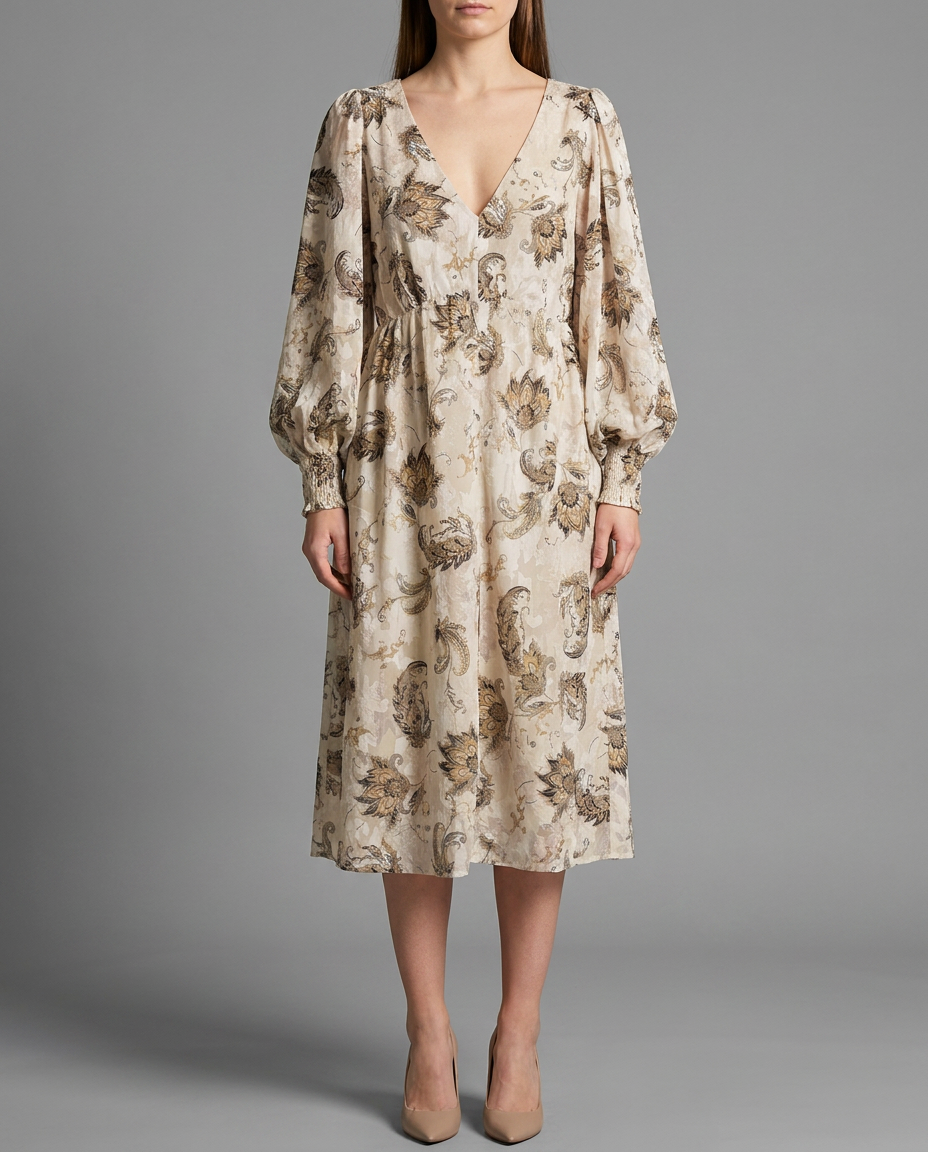 Cream Paisley Cold-Shoulder Midi Dress